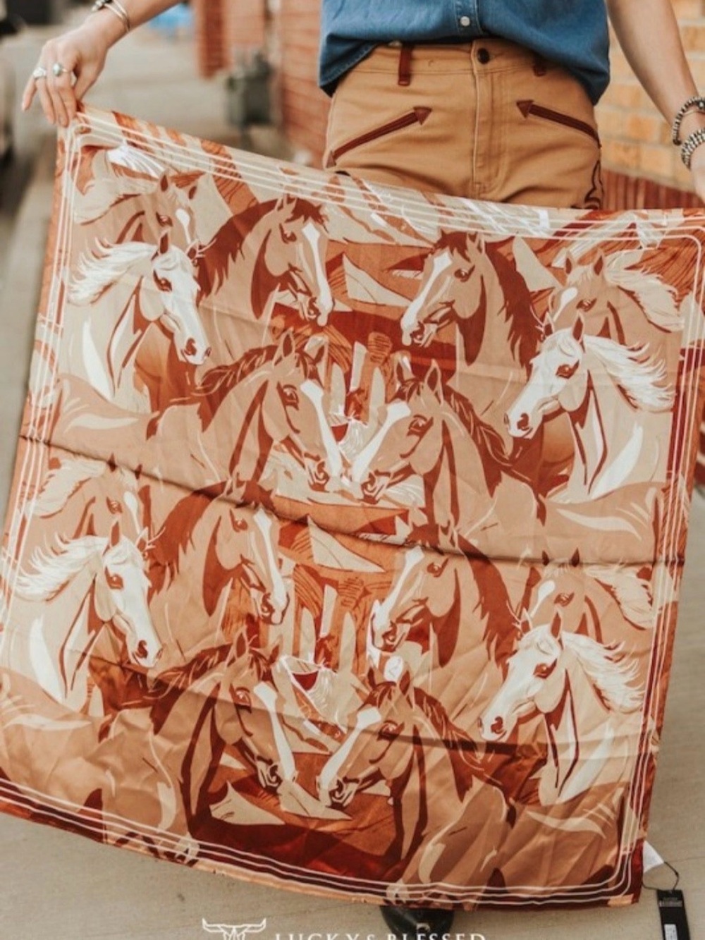 Lucky & Blessed Tan and Rust Horse Print Scarf